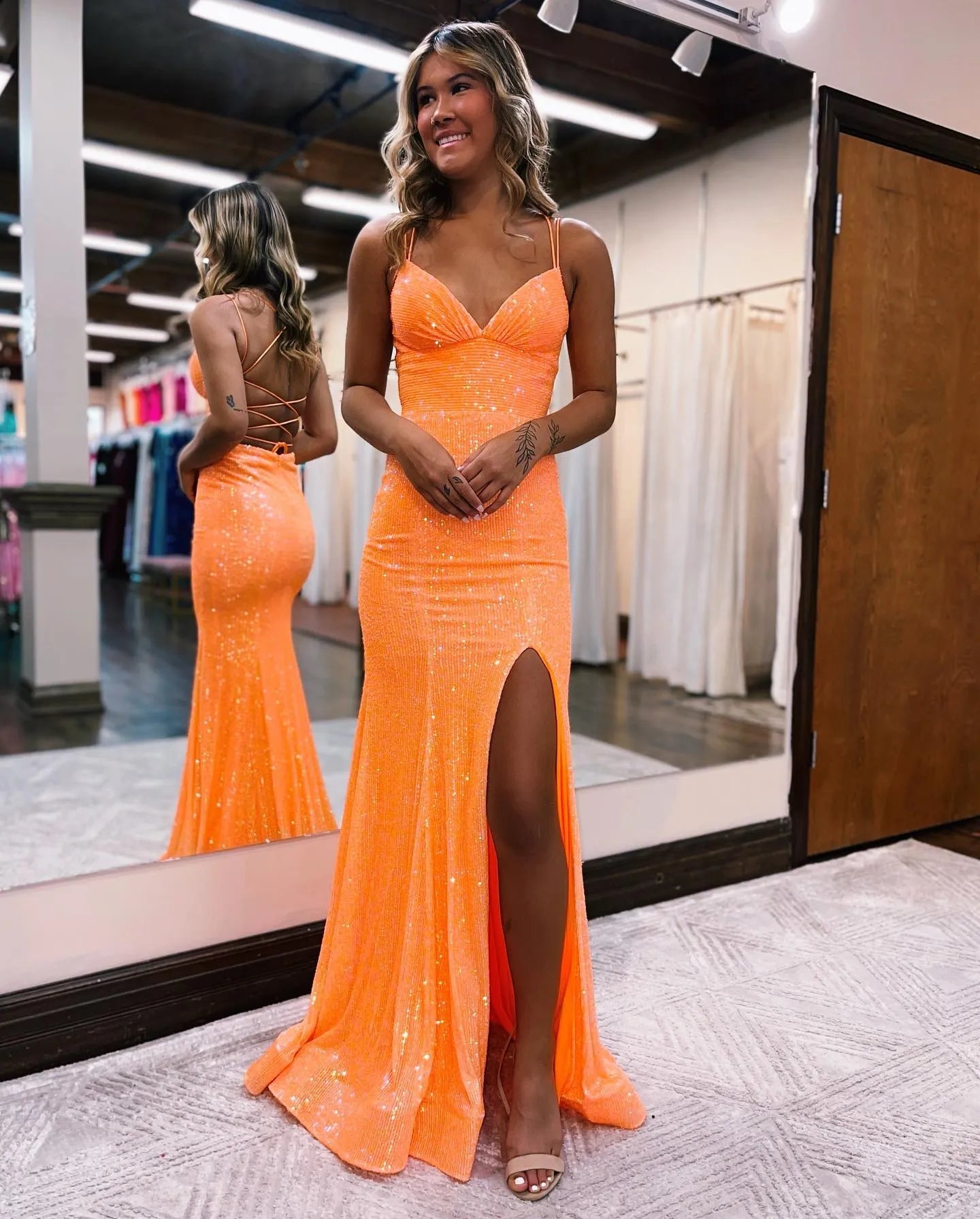 Mermaid Spaghetti Straps Lace Prom Dress With Split V-neck Sexy