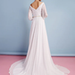 Wedding Dresses V Neck Court Train Chiffon Long Sleeve with Beading Pure Color