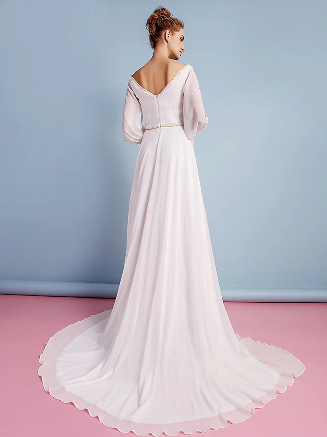 Wedding Dresses V Neck Court Train Chiffon Long Sleeve with Beading Pure Color