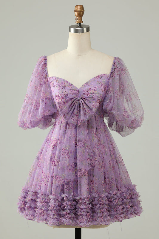 Purple A-Line Tulle Short Homecoming Dress With Puff Sleeves Sexy