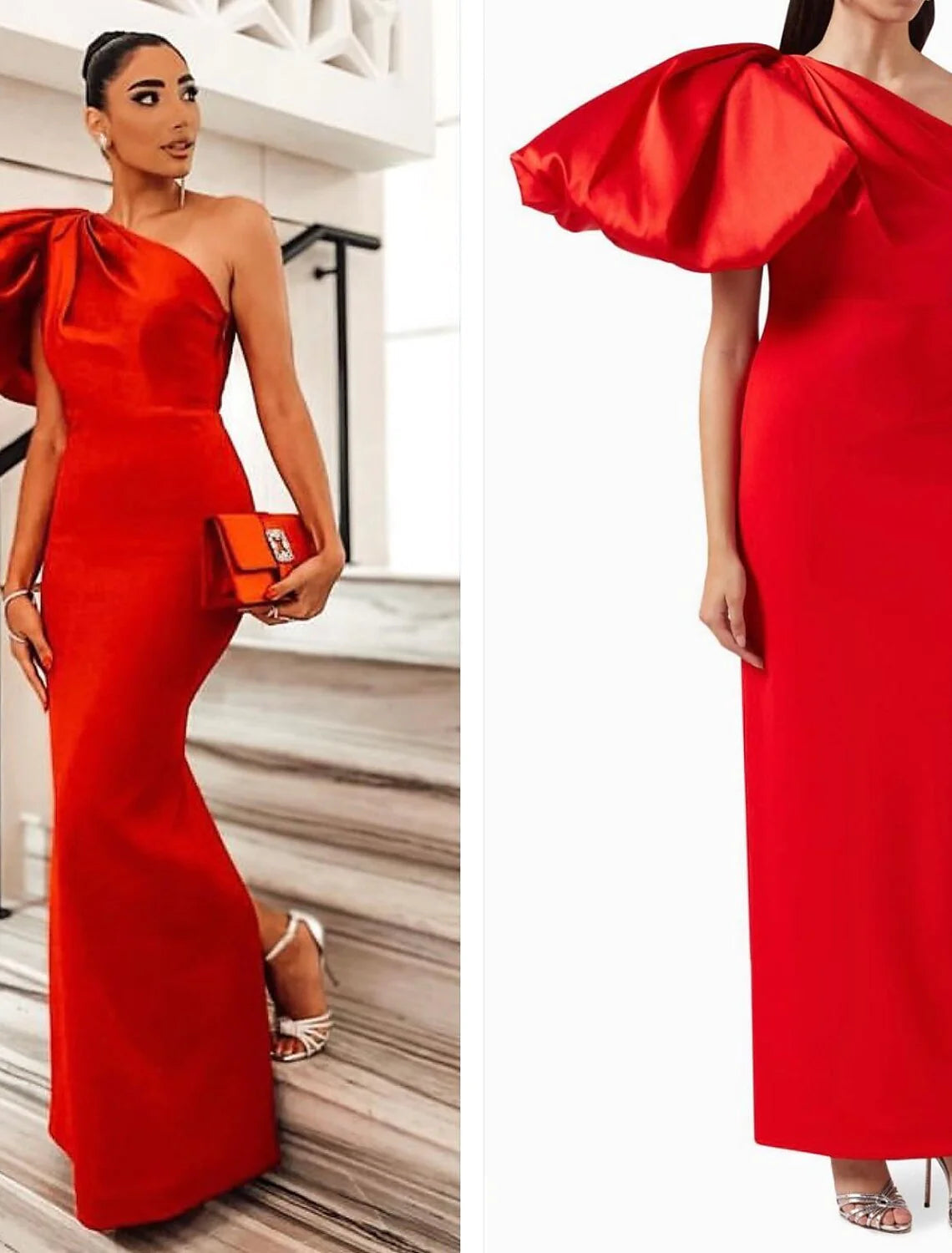 Sheath / Column Evening Gown Elegant Dress Formal Ankle Length Black Dress Short Sleeve One Shoulder Satin Party Dress