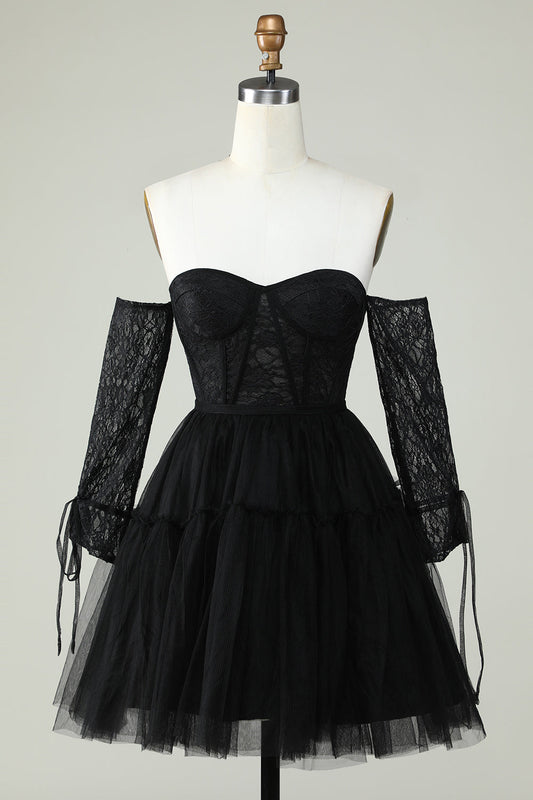 Off The Shoulder A Line Black Corset Homecoming Dress With Lace Long Sleeves Sexy