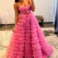 A Line Strapless Keyhole Tulle Print Ruffle Tiered Prom Dress Off Shoulder Floor Length