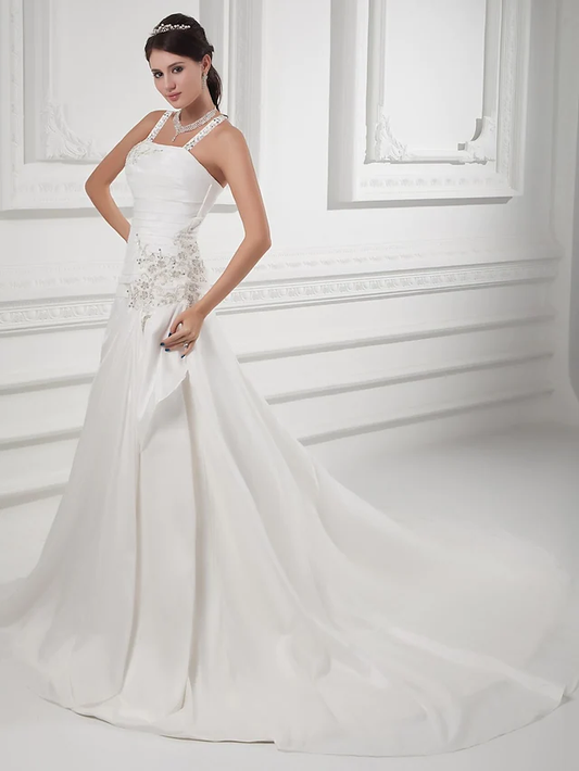 A-Line Wedding Dresses Square Neck Court Train Satin Taffeta Spaghetti Strap with Ruched Beading