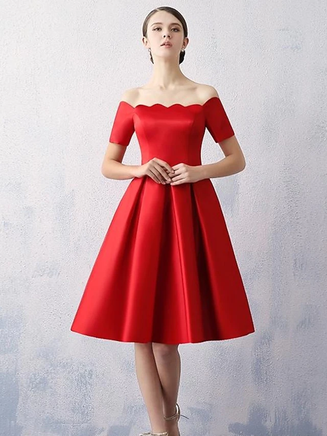 A-Line Reformation Amante Minimalist Engagement Cocktail Party Dress Off Shoulder Short Sleeve Knee Length Satin