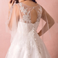 A-Line Wedding Dresses V Neck Court Train Satin Tulle Half Sleeve Formal Plus Size with Appliques Ivory