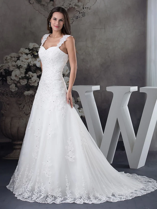 A-Line Wedding Dresses Sweetheart Neckline Chapel Train Lace Tulle Spaghetti Strap with Beading