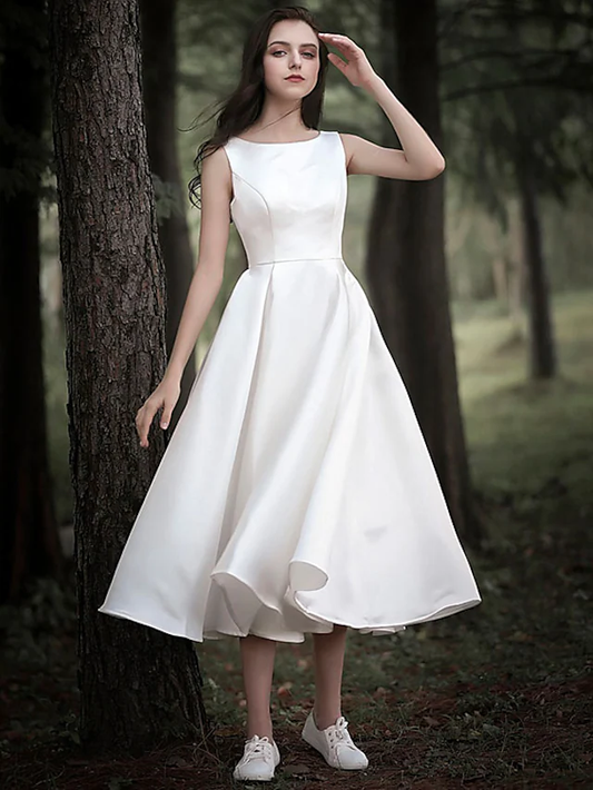 A-Line Wedding Dresses Jewel Neck Tea Length Chiffon Over Satin Cap Sleeve Simple Casual Little White Dress Pure Color