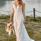 Ivory Mermaid Lace Sweep Train Boho Wedding Dress With Bowknots V-neck