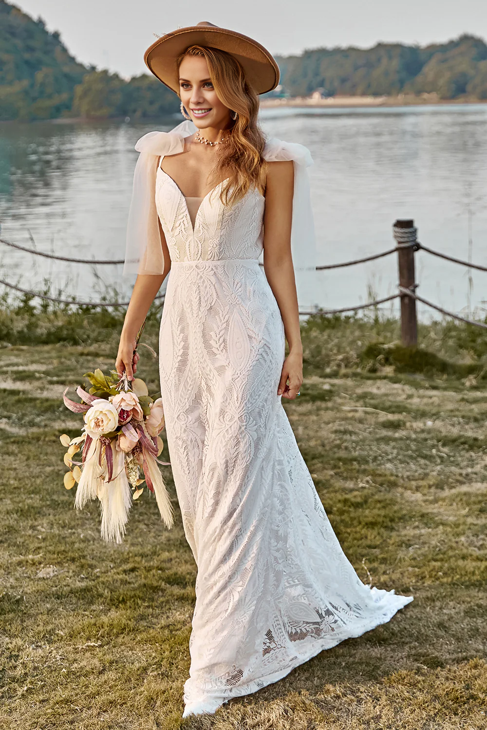 Ivory Mermaid Lace Sweep Train Boho Wedding Dress With Bowknots V-neck