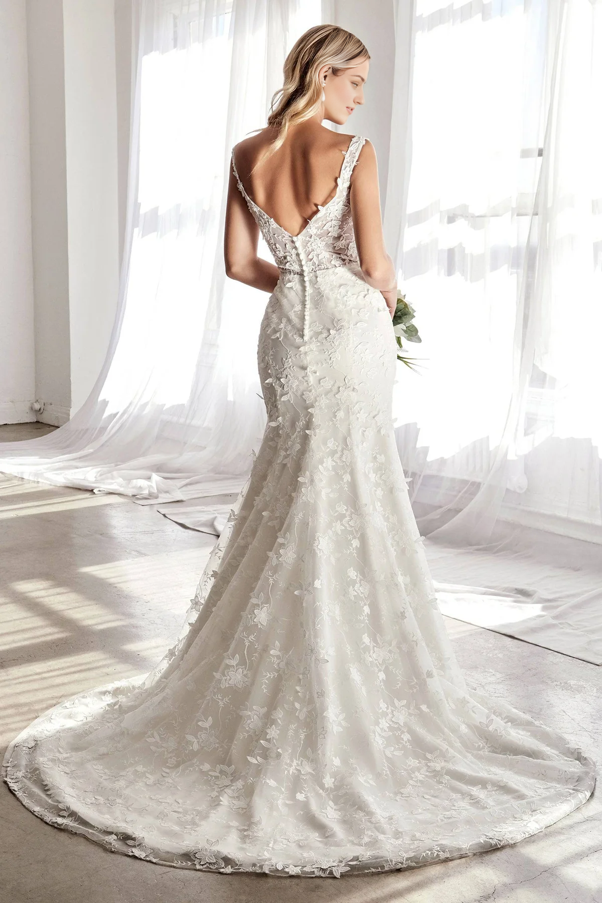 Stunning Wedding Gown with Deep Neckline and Floral Accents Off Shoulder