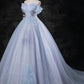 A-Line Sweetheart Neck Off Shoulder Tulle Long Prom Dress Blue