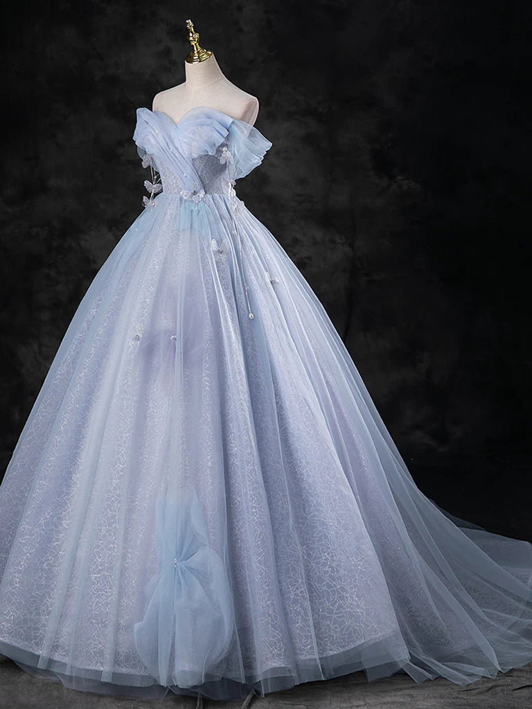 A-Line Sweetheart Neck Off Shoulder Tulle Long Prom Dress Blue