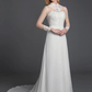A-Line Wedding Dresses High Neck Court Train Chiffon Lace Long Sleeve Vintage Plus Size Backless with Lace