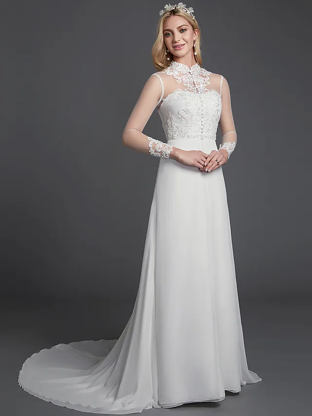 A-Line Wedding Dresses High Neck Court Train Chiffon Lace Long Sleeve Vintage Plus Size Backless with Lace