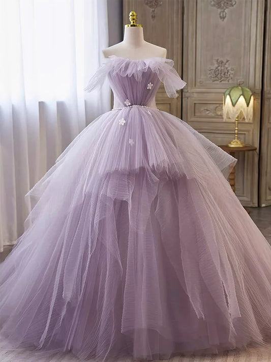 A-line Tulle Long Prom Gown Prom Dresses