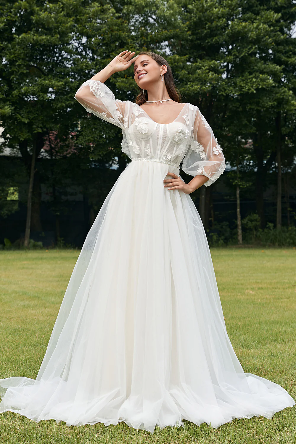 Ivory Puff Sleeves Corset Wedding Dress with 3D Flowers V-neck
