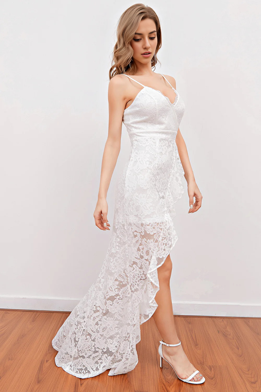 White Lace Beach Wedding Dress V-neck Sexy Long Beautiful