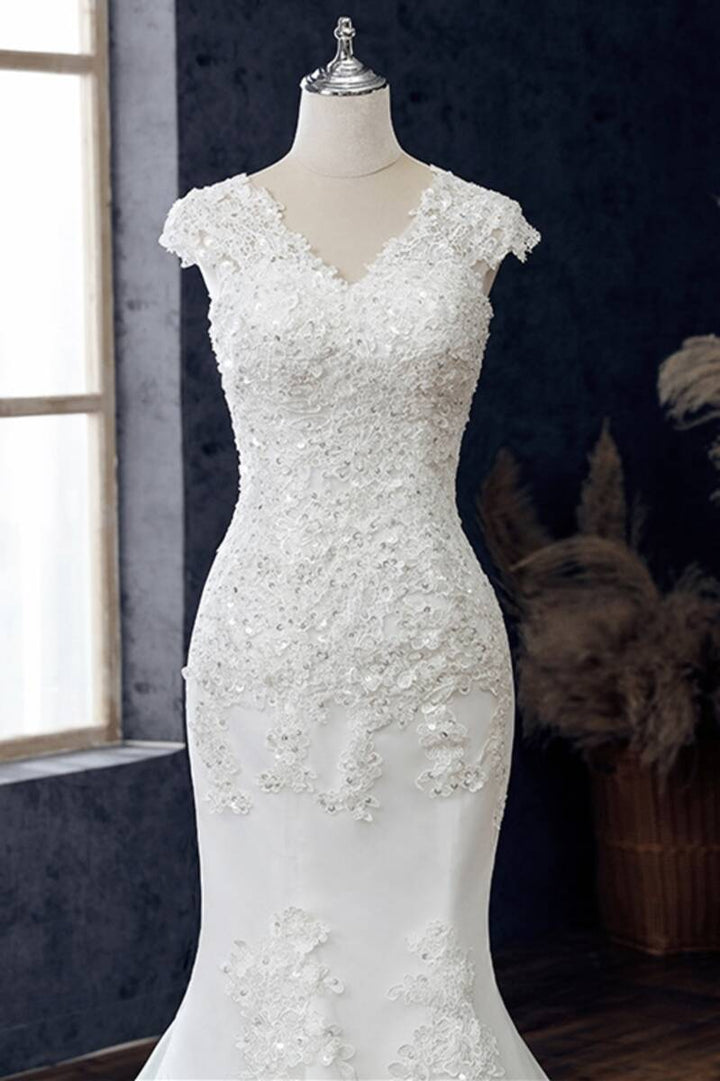 White Lace V-Neck Cap Sleeve Trumpet Wedding Dress Long