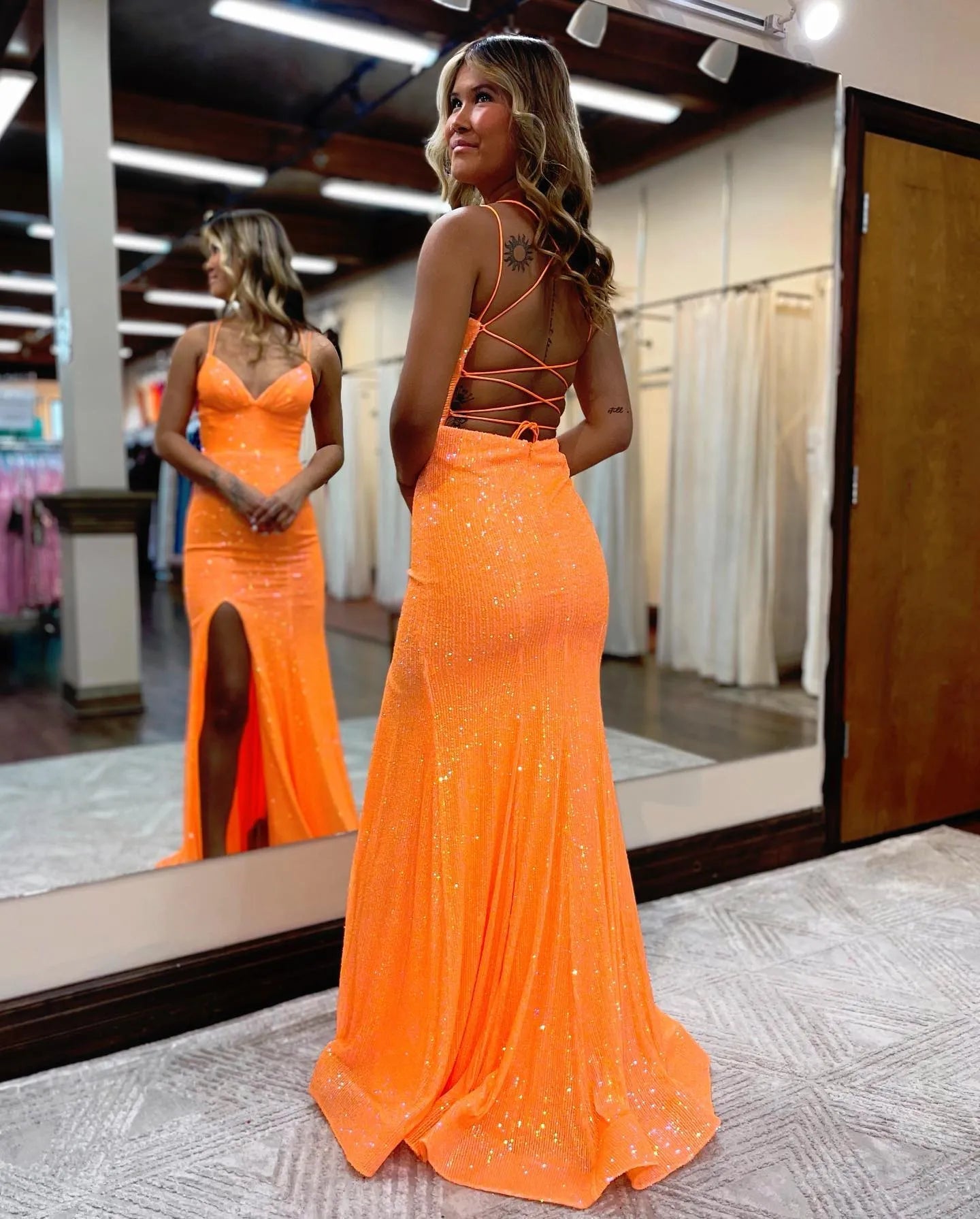 Mermaid Spaghetti Straps Lace Prom Dress With Split V-neck Sexy