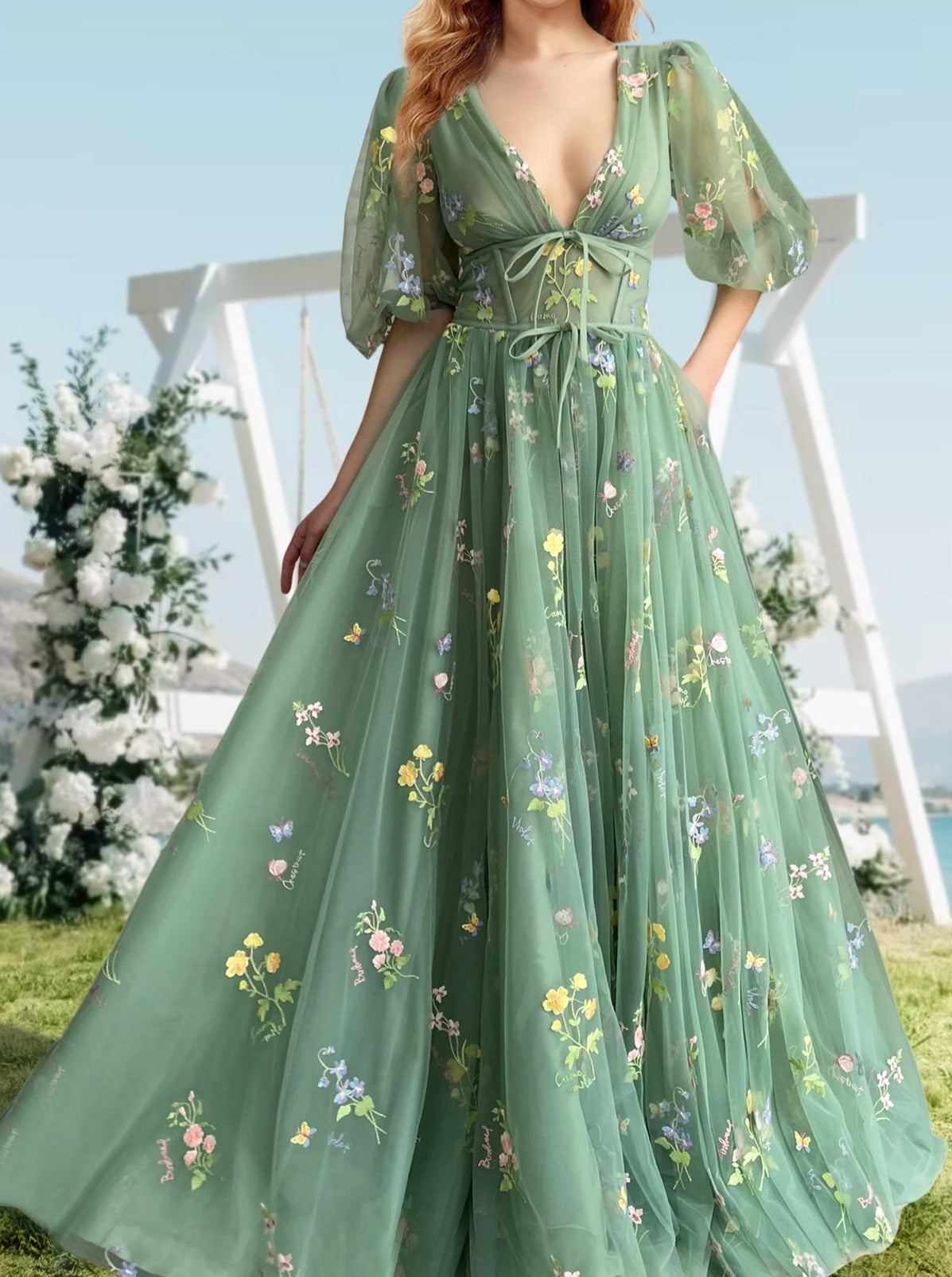 A-Line/Princess V-Neck Short Sleeves Floral Long Formal Prom Dresses With Flowers Sexy