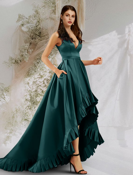 A-Line Prom Dresses Minimalist Dress Prom Court Train Sleeveless V Neck Pocket Satin with Ruffles