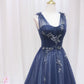 Blue Tulle Beaded Long Prom Dress Evening Party Dress Sparkly