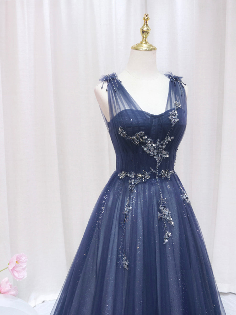 Blue Tulle Beaded Long Prom Dress Evening Party Dress Sparkly