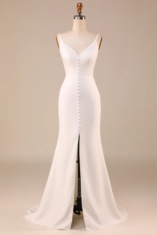 Spaghetti Straps Sweep Train Wedding Dress with Button Pure Color