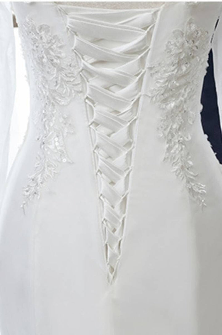 White Beaded Embroidered Round Neck Long Sleeve Wedding Dress Beautiful