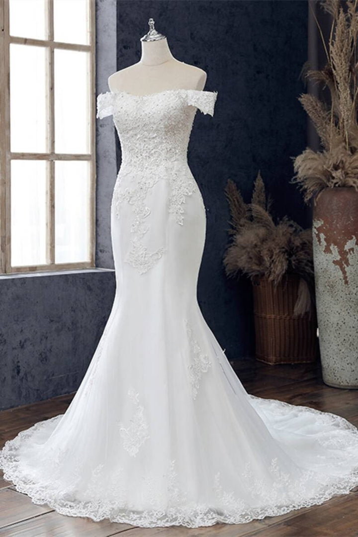 White Lace Off-the-Shoulder Mermaid Wedding Dress Long