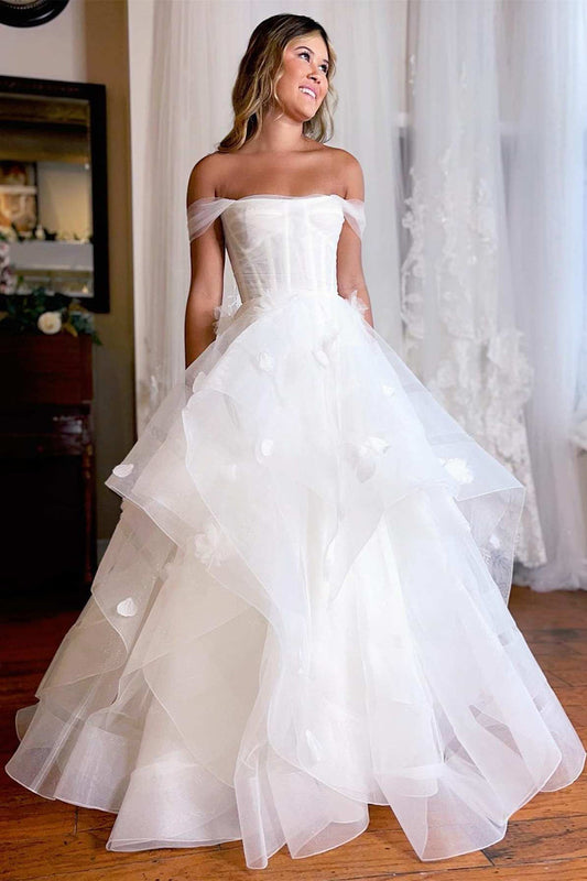 White Off-the-Shoulder Tiered A-Line Wedding Dress with Flowers Beautiful