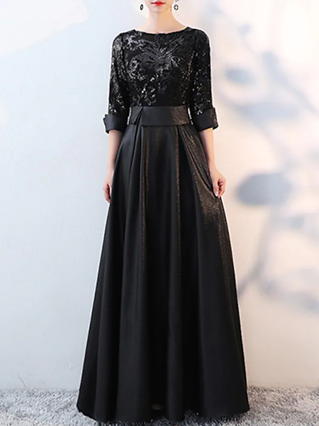 A-Line Glittering Elegant Prom Formal Evening Dress Jewel Neck 3/4 Length Sleeve Floor Length Satin