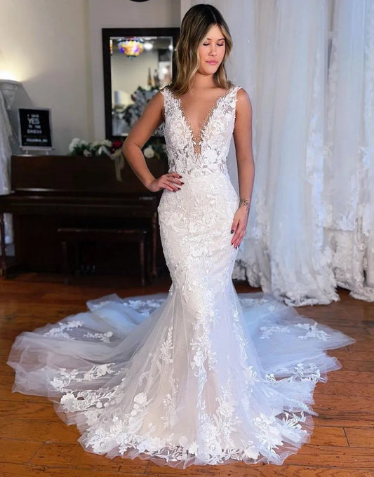 Mermaid Deep V Neck Train Wedding Dress With Appliques Sexy Long