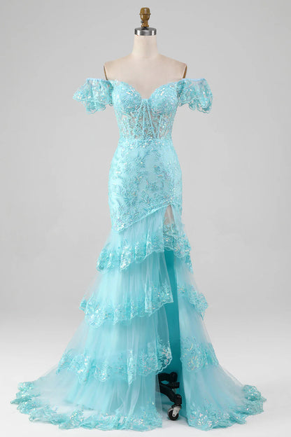 Mermaid Prom Dress with Slit Off the Shoulder Lace and Sequin Sexy Long