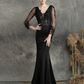 Mermaid / Trumpet Prom Dresses Elegant Dress Formal Sweep / Brush Train Long Sleeve V Neck Cotton Blend with Beading