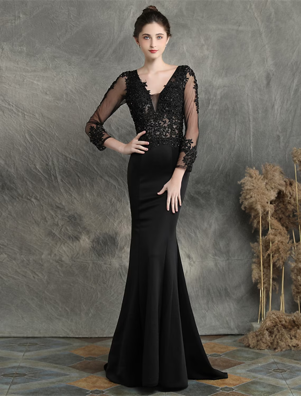 Mermaid / Trumpet Prom Dresses Elegant Dress Formal Sweep / Brush Train Long Sleeve V Neck Cotton Blend with Beading