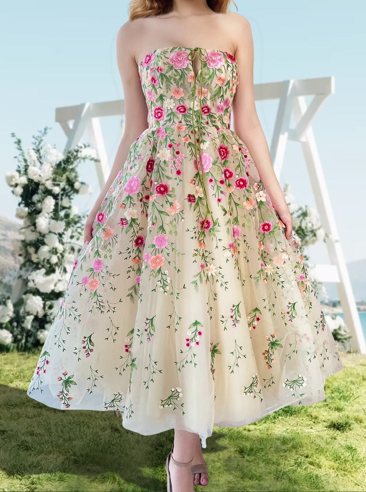 A-Line/Princess Off Shoulder Long Formal Prom Floral Dresses With Flowers