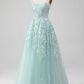 A-Line Tulle Long Prom Dress with Lace Pure Color Beautiful