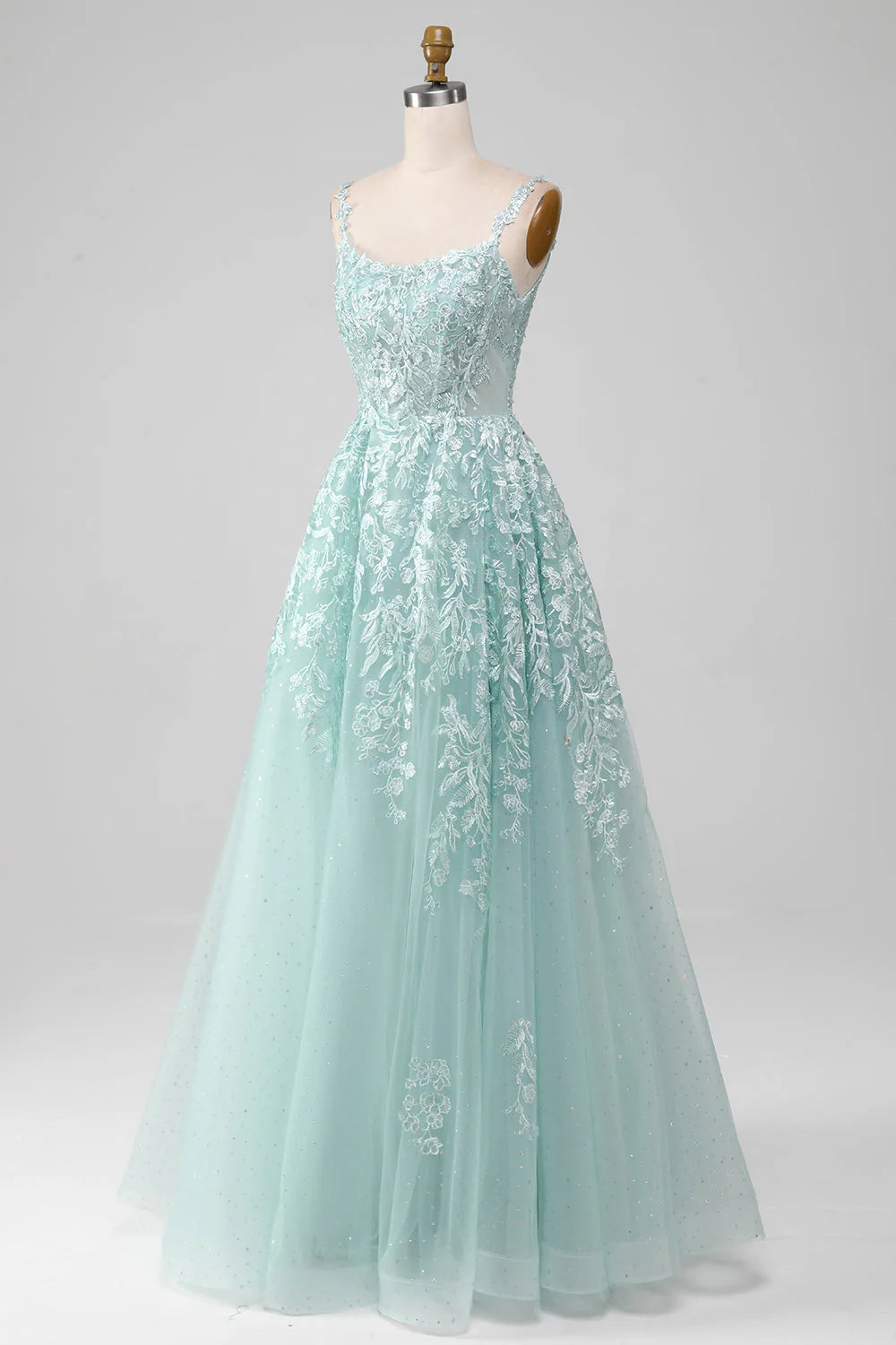 A-Line Tulle Long Prom Dress with Lace Pure Color Beautiful