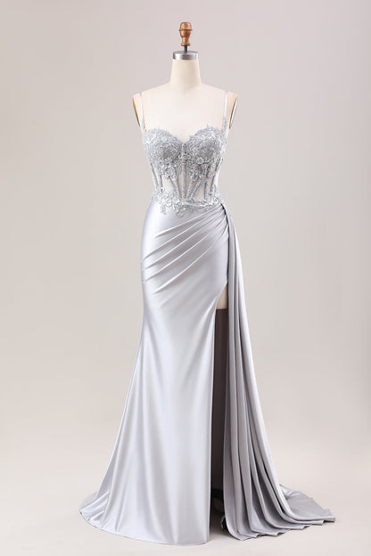 Mermaid Silver Spaghetti Straps Corset Ruched Prom Dress With Slit Off Shoulder