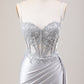 Mermaid Silver Spaghetti Straps Corset Ruched Prom Dress With Slit Off Shoulder