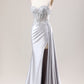 Mermaid Silver Spaghetti Straps Corset Ruched Prom Dress With Slit Off Shoulder