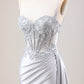 Mermaid Silver Spaghetti Straps Corset Ruched Prom Dress With Slit Off Shoulder