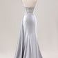 Mermaid Silver Spaghetti Straps Corset Ruched Prom Dress With Slit Off Shoulder