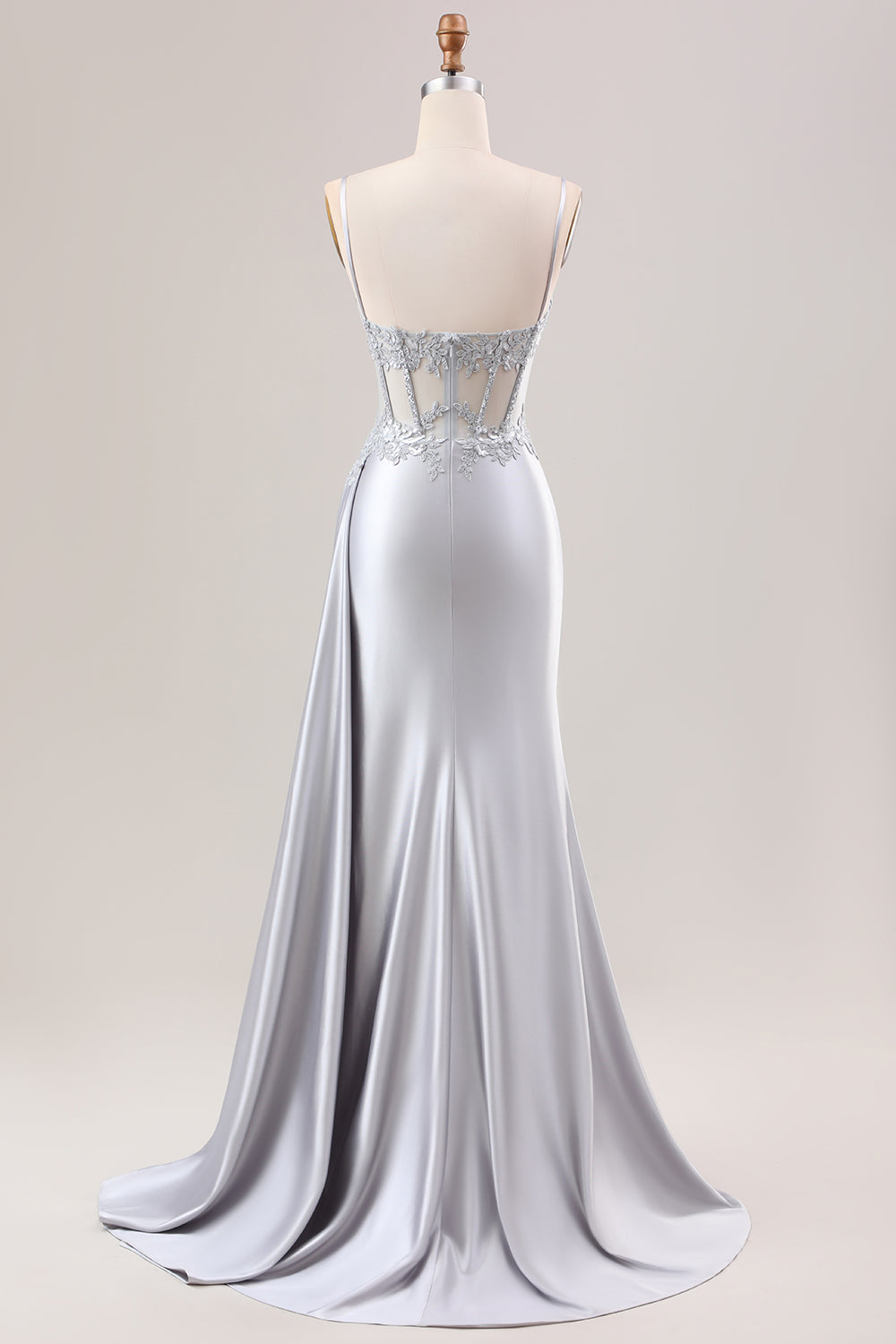 Mermaid Silver Spaghetti Straps Corset Ruched Prom Dress With Slit Off Shoulder