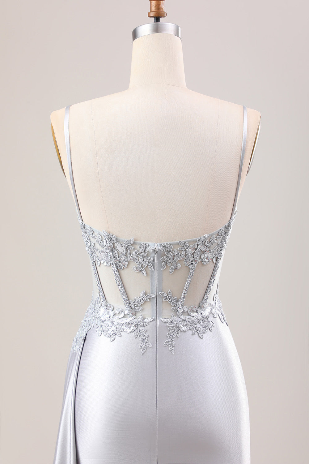 Mermaid Silver Spaghetti Straps Corset Ruched Prom Dress With Slit Off Shoulder