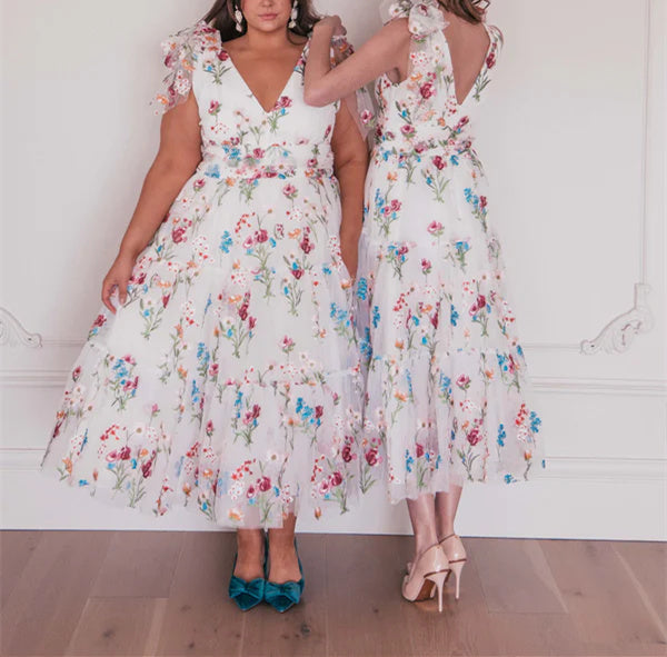 A-Line/Princess V-Neck Short Sleeves Floral Formal Party Dresses With Flowers Beautiful