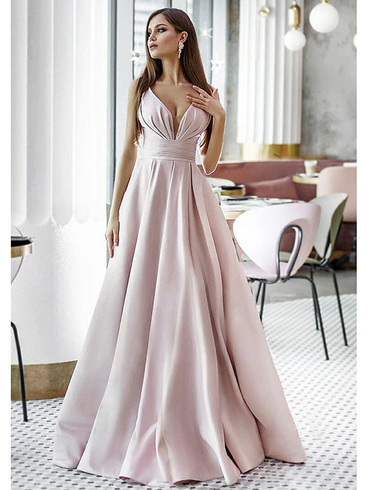 A-Line Elegant Engagement Formal Evening Dress V Neck Sleeveless Sweep / Brush Train Satin