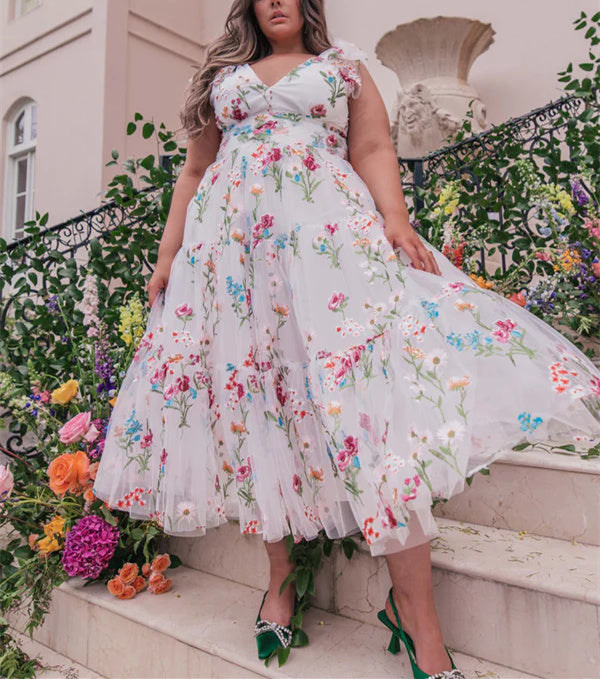 A-Line/Princess V-Neck Short Sleeves Floral Formal Party Dresses With Flowers Beautiful